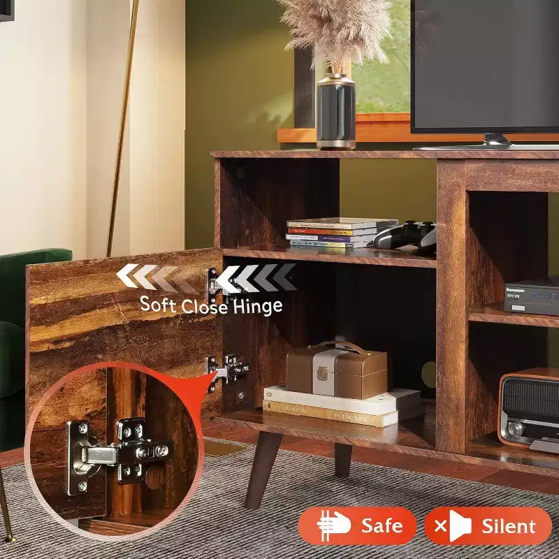 Meuble TV Mid-Century Modern pour téléviseur 65 pouces, console TV, meuble TV avec étagères ouvertes pour salon et chambre, noir