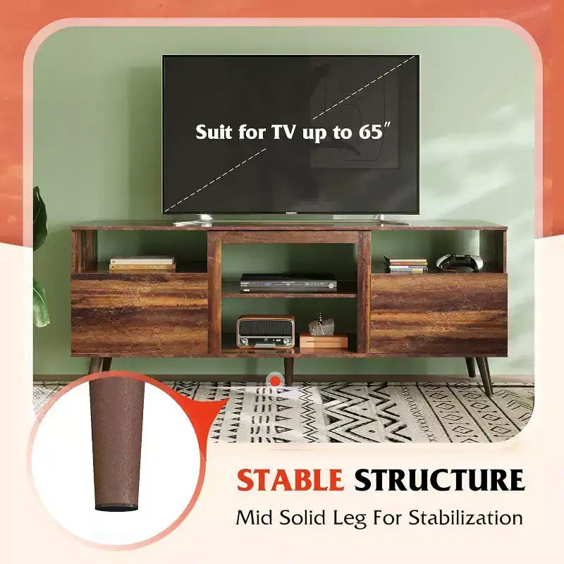 Meuble TV Mid-Century Modern pour téléviseur 65 pouces, console TV, meuble TV avec étagères ouvertes pour salon et chambre, noir