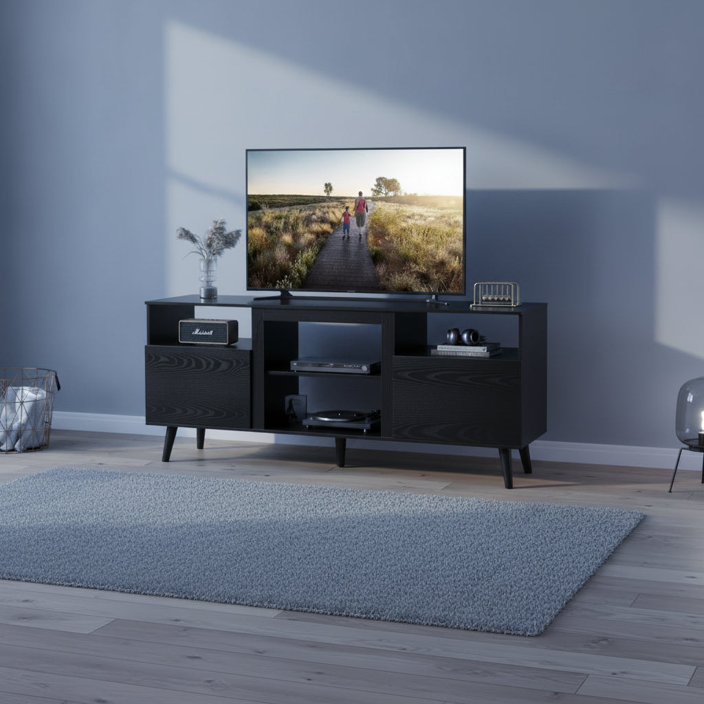 Meuble TV Mid-Century Modern pour téléviseur 65 pouces, console TV, meuble TV avec étagères ouvertes pour salon et chambre, noir