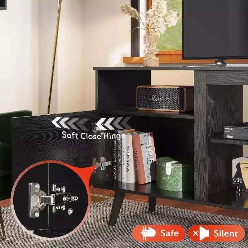Meuble TV Mid-Century Modern pour téléviseur 65 pouces, console TV, meuble TV avec étagères ouvertes pour salon et chambre, noir