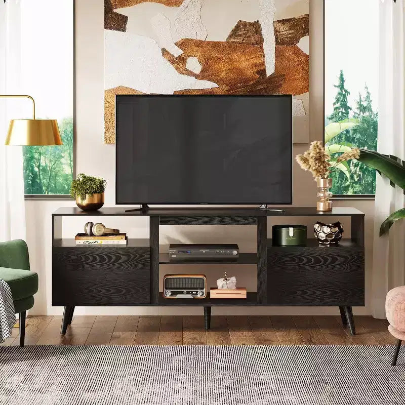 Meuble TV Mid-Century Modern pour téléviseur 65 pouces, console TV, meuble TV avec étagères ouvertes pour salon et chambre, noir