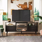 Meuble TV Mid-Century Modern pour téléviseur 65 pouces, console TV, meuble TV avec étagères ouvertes pour salon et chambre, noir