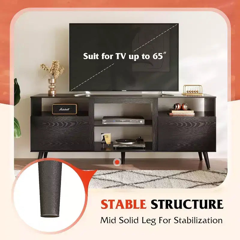 Meuble TV Mid-Century Modern pour téléviseur 65 pouces, console TV, meuble TV avec étagères ouvertes pour salon et chambre, noir