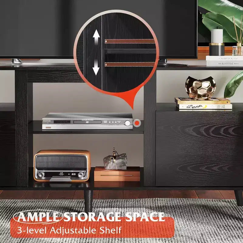 Meuble TV Mid-Century Modern pour téléviseur 65 pouces, console TV, meuble TV avec étagères ouvertes pour salon et chambre, noir