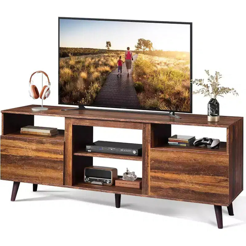 Meuble TV Mid-Century Modern pour téléviseur 65 pouces, console TV, meuble TV avec étagères ouvertes pour salon et chambre, noir
