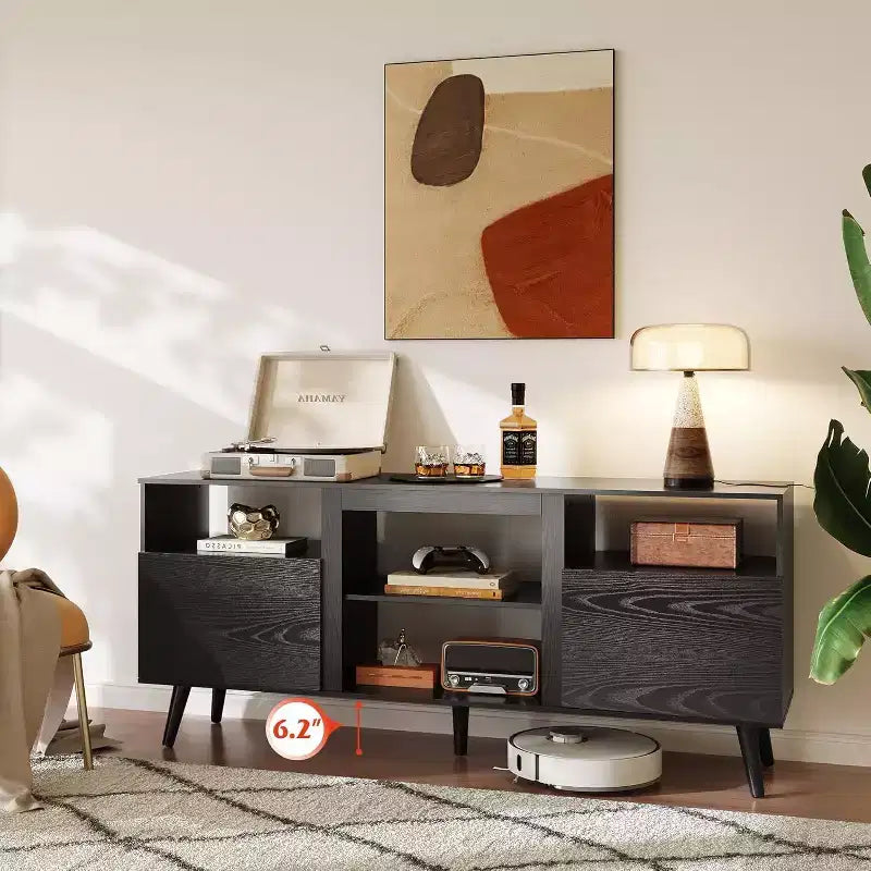 GALAXHERO Mid-Century Modern TV Stand for 65 TV, TV Console Cabinet, Open Shelves Entertainment Center for Living Room and Bedroom, Black