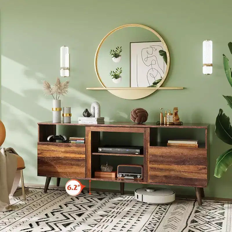 Meuble TV Mid-Century Modern pour téléviseur 65 pouces, console TV, meuble TV avec étagères ouvertes pour salon et chambre, noir