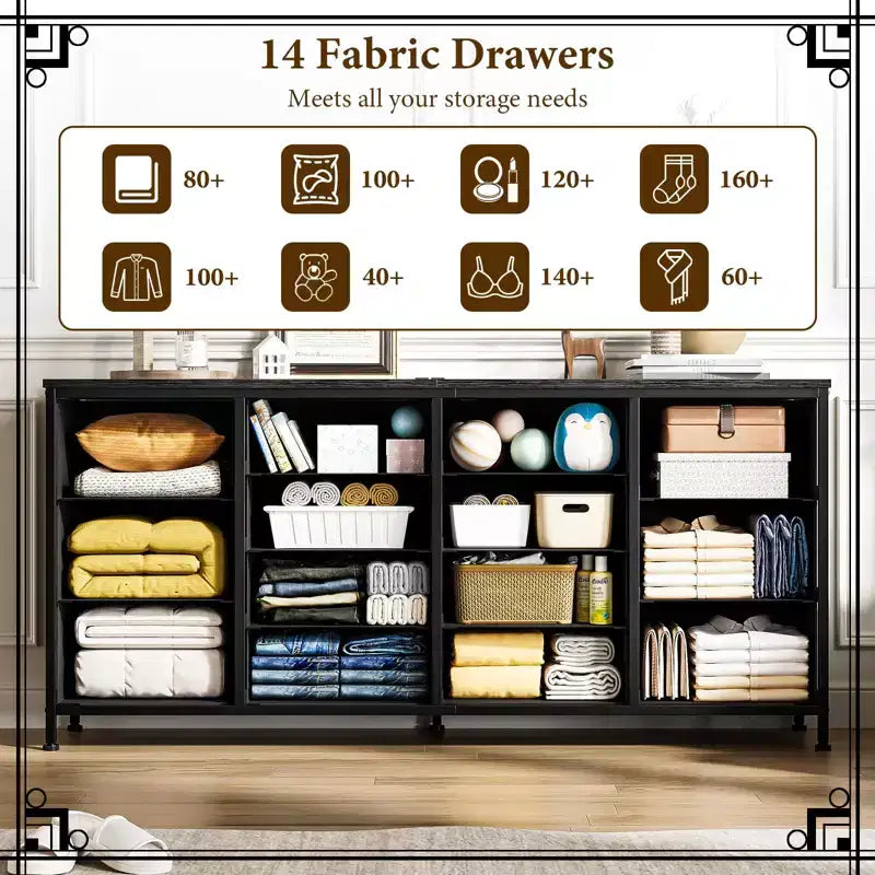 Commode large de 160 cm avec 14 tiroirs en tissu, ports USB intégrés, unité de rangement multifonctionnelle pour la télévision, la chambre, le salon ou le bureau