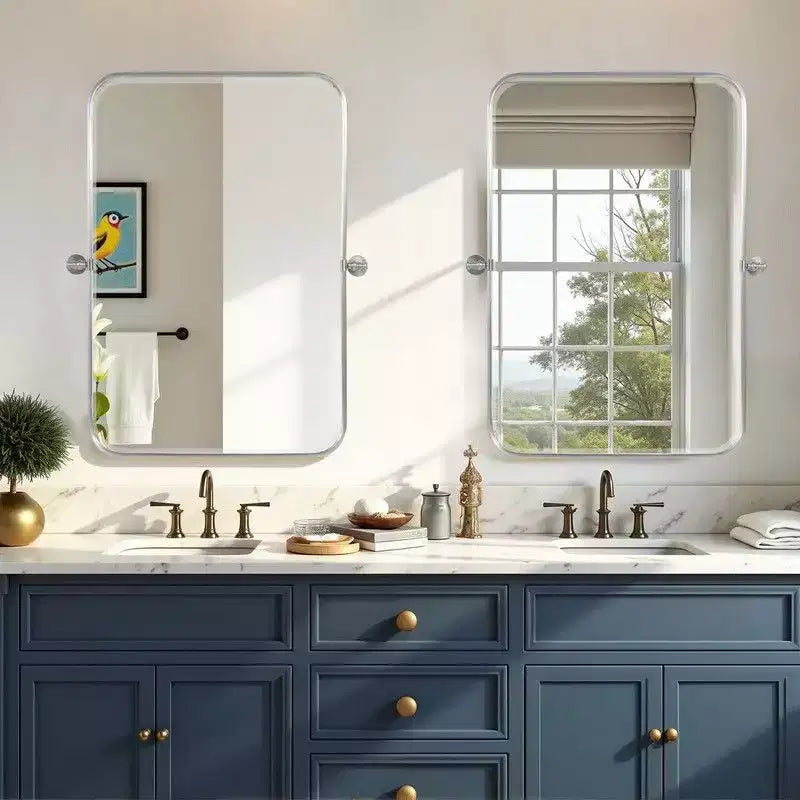 Miroir Mural Rectangulaire Argenté Pivotant en Fer 31 x 24 Pouces, Inclinable, pour Salle de Bain, Cadre Métallique, Réglable, Bidirectionnel, pour Chambre et Salon