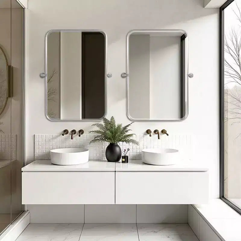 Miroir Mural Rectangulaire Argenté Pivotant en Fer 31 x 24 Pouces, Inclinable, pour Salle de Bain, Cadre Métallique, Réglable, Bidirectionnel, pour Chambre et Salon