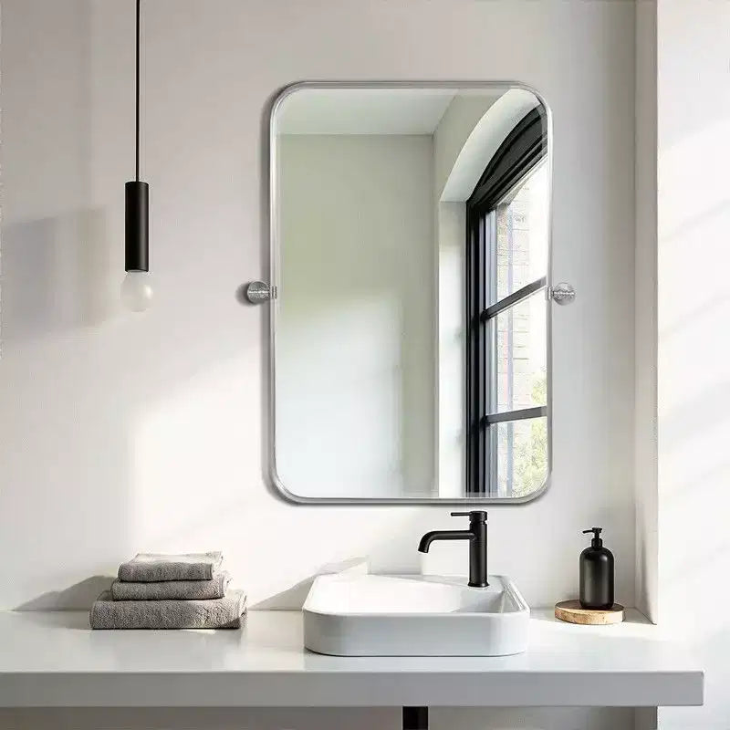 Miroir Mural Rectangulaire Argenté Pivotant en Fer 31 x 24 Pouces, Inclinable, pour Salle de Bain, Cadre Métallique, Réglable, Bidirectionnel, pour Chambre et Salon