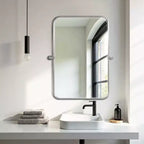 Miroir Mural Rectangulaire Argenté Pivotant en Fer 31 x 24 Pouces, Inclinable, pour Salle de Bain, Cadre Métallique, Réglable, Bidirectionnel, pour Chambre et Salon