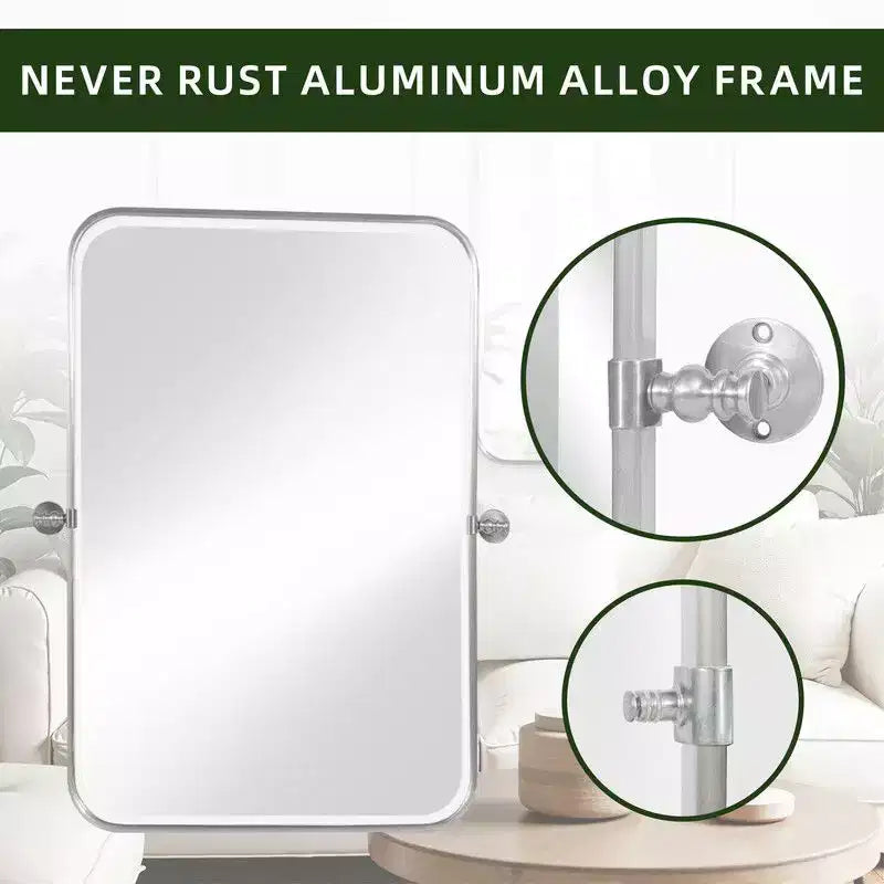 Miroir Mural Rectangulaire Argenté Pivotant en Fer 31 x 24 Pouces, Inclinable, pour Salle de Bain, Cadre Métallique, Réglable, Bidirectionnel, pour Chambre et Salon