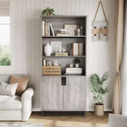 71 Tall Bookcase with Doors, 5-Tier Farmhouse Bookshelf with Storage Cabinet & Adjustable Shelves