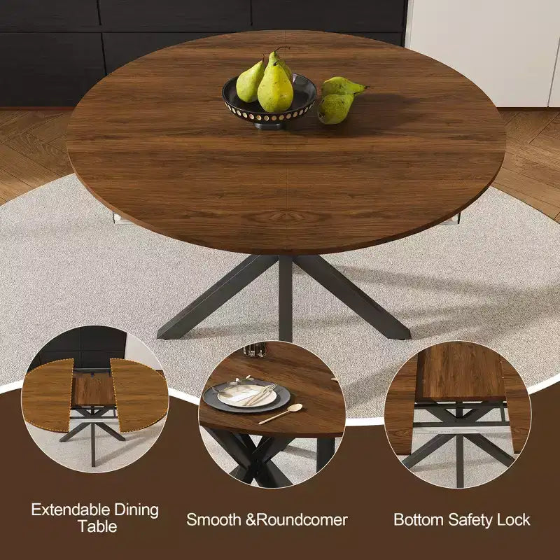 Table de salle à manger ronde 42 po pour 6 personnes, table de cuisine escamotable en bois avec base en métal, table à manger circulaire moderne pour cuisine et salle à manger