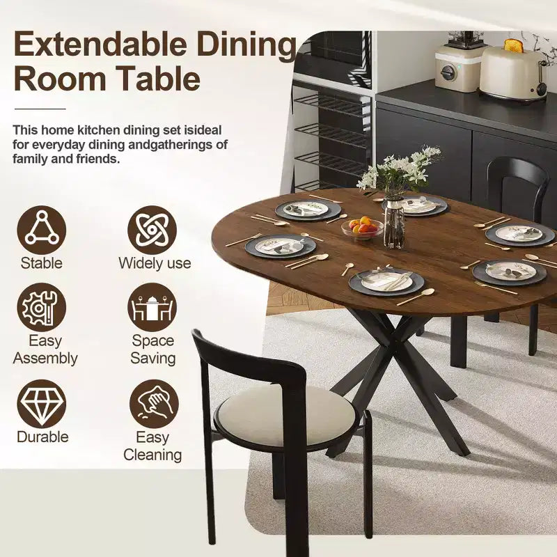 Table de salle à manger ronde 42 po pour 6 personnes, table de cuisine escamotable en bois avec base en métal, table à manger circulaire moderne pour cuisine et salle à manger