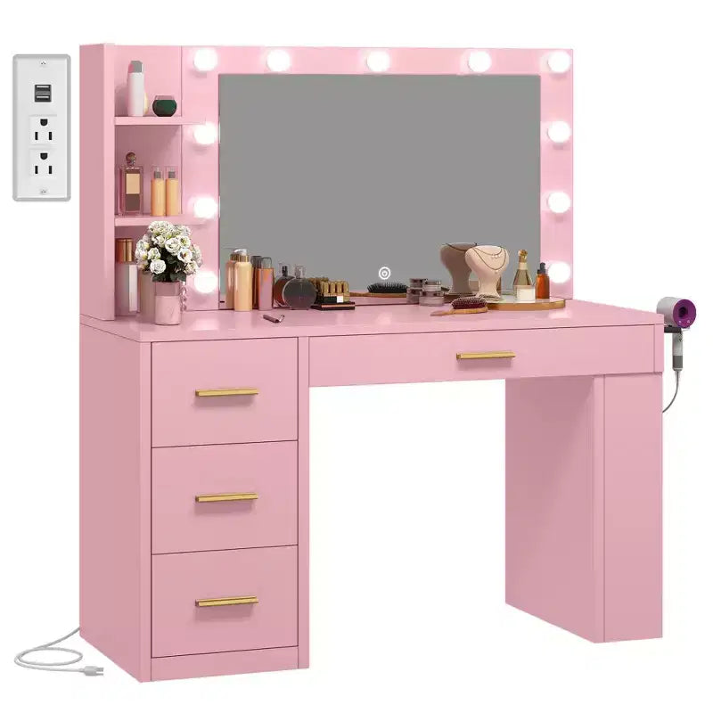 Coiffeuse rose avec grand miroir éclairé 11 lumières Table de maquillage avec 4 tiroirs et 3 étagères de rangement
