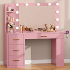 Coiffeuse rose avec grand miroir éclairé 11 lumières Table de maquillage avec 4 tiroirs et 3 étagères de rangement