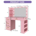 Coiffeuse rose avec grand miroir éclairé 11 lumières Table de maquillage avec 4 tiroirs et 3 étagères de rangement
