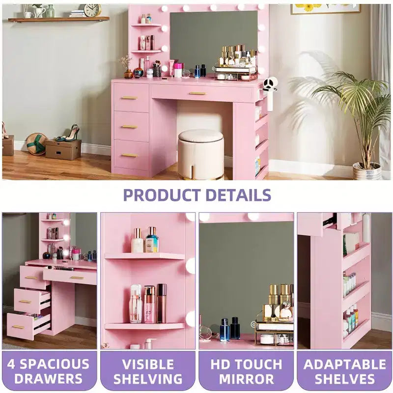 Coiffeuse rose avec grand miroir éclairé 11 lumières Table de maquillage avec 4 tiroirs et 3 étagères de rangement