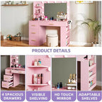Coiffeuse rose avec grand miroir éclairé 11 lumières Table de maquillage avec 4 tiroirs et 3 étagères de rangement