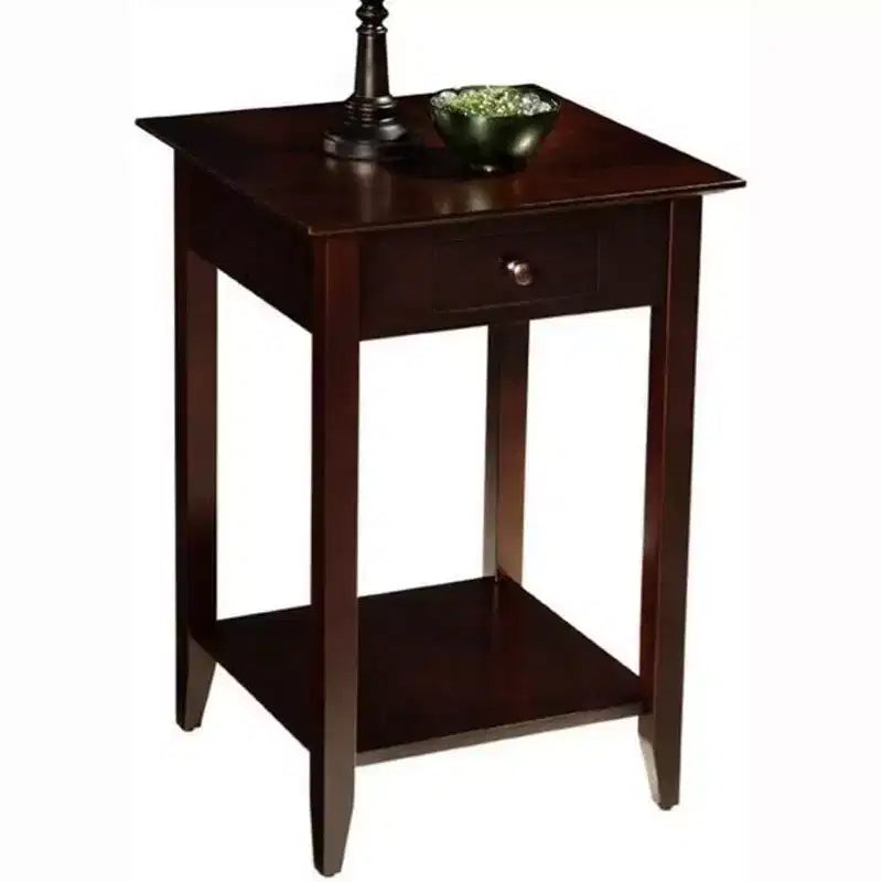 Table de chevet classique à 1 tiroir avec étagère spacieuse, pieds en pin massif et plateau en placage de frêne pour salon ou chambre à coucher