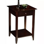 Table de chevet classique à 1 tiroir avec étagère spacieuse, pieds en pin massif et plateau en placage de frêne pour salon ou chambre à coucher