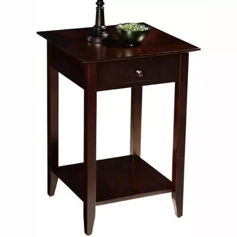 Table de chevet classique à 1 tiroir avec étagère spacieuse, pieds en pin massif et plateau en placage de frêne pour salon ou chambre à coucher