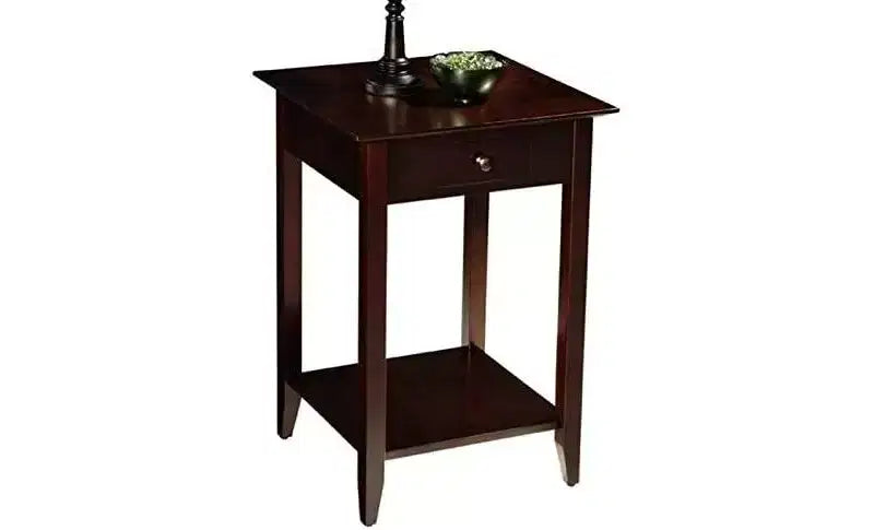 Table de chevet classique à 1 tiroir avec étagère spacieuse, pieds en pin massif et plateau en placage de frêne pour salon ou chambre à coucher