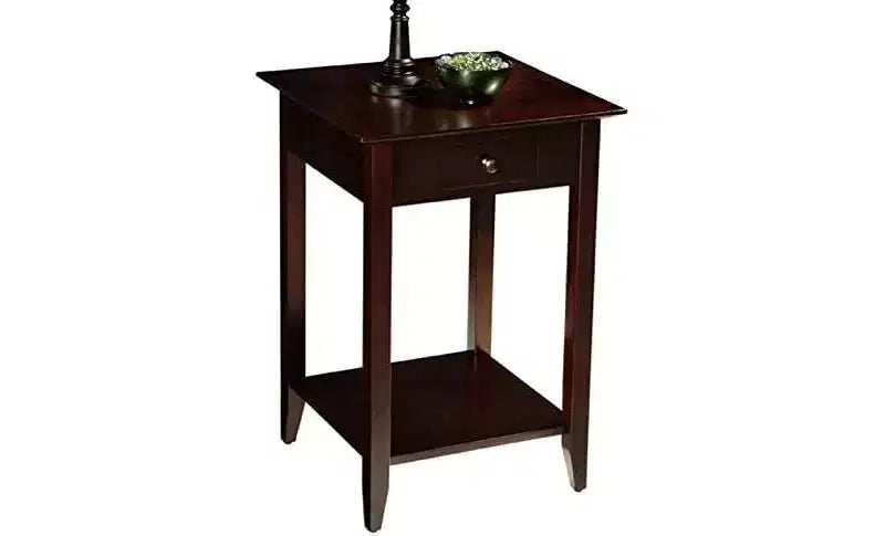 Table de chevet classique à 1 tiroir avec étagère spacieuse, pieds en pin massif et plateau en placage de frêne pour salon ou chambre à coucher
