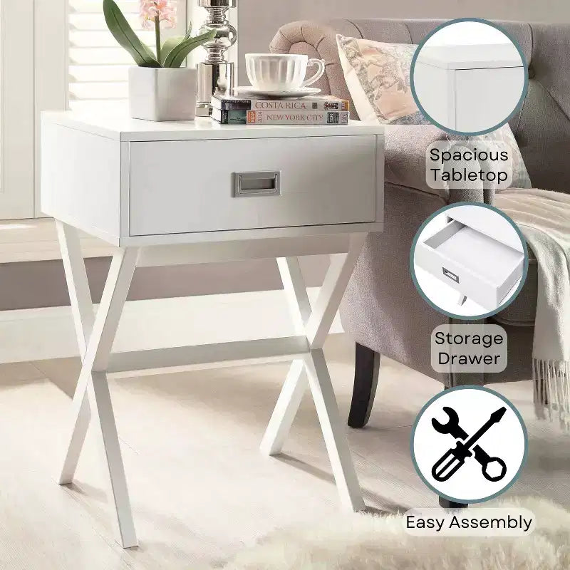 Table d'appoint avec grand tiroir-coffre et surface supérieure lisse, table d'appoint de rangement moderne pour les essentiels du salon dissimulés