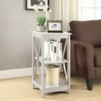 HomeStock Belmont End Table with Three Open Shelves and X Frame Sides, Transitional Storage Accent Side Table for Display and Home Essentials