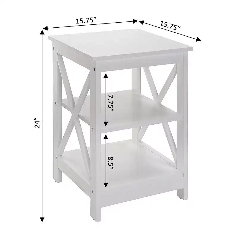 Table d'appoint avec trois étagères ouvertes et côtés en X, table d'appoint de rangement de style transitionnel pour objets décoratifs et essentiels du quotidien