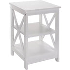 Table d'appoint avec trois étagères ouvertes et côtés en X, table d'appoint de rangement de style transitionnel pour objets décoratifs et essentiels du quotidien