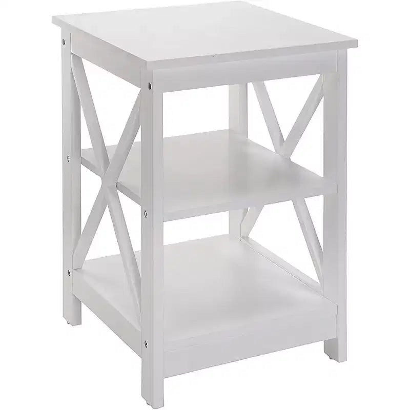 Table d'appoint avec trois étagères ouvertes et côtés en X, table d'appoint de rangement de style transitionnel pour objets décoratifs et essentiels du quotidien