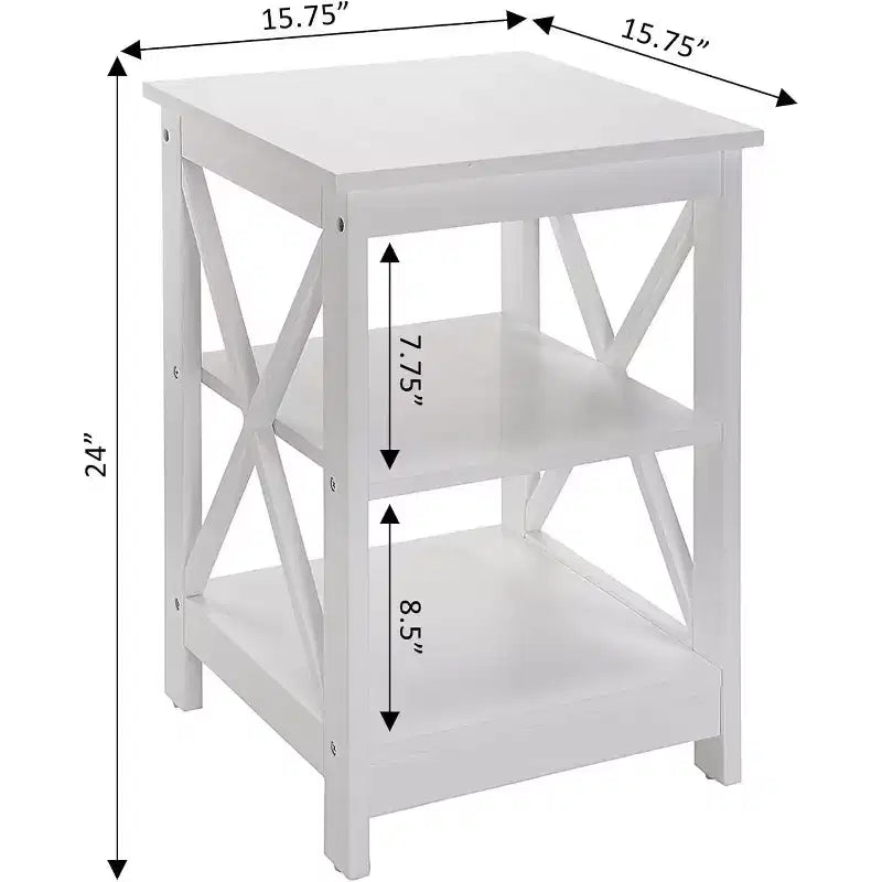 Table d'appoint avec trois étagères ouvertes et côtés en X, table d'appoint de rangement de style transitionnel pour objets décoratifs et essentiels du quotidien