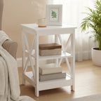 Table d'appoint avec trois étagères ouvertes et côtés en X, table d'appoint de rangement de style transitionnel pour objets décoratifs et essentiels du quotidien