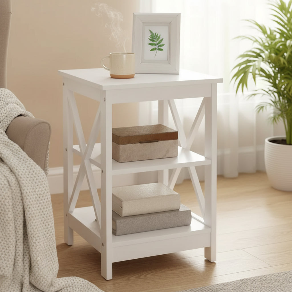 Table d'appoint avec trois étagères ouvertes et côtés en X, table d'appoint de rangement de style transitionnel pour objets décoratifs et essentiels du quotidien