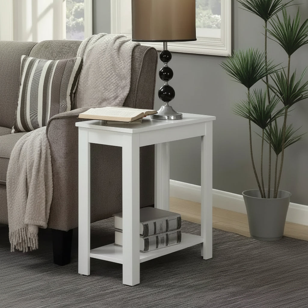 HomeStock Belmont Compact Chairside End Table with Woodgrain Finish and Bottom Shelf for Convenient Storage and Display Space