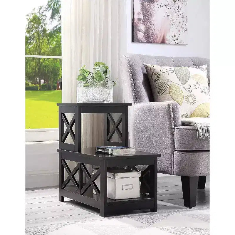 Table d'appoint à 2 niveaux avec cadre contemporain en forme de L, étagères de rangement à trois niveaux, table d'appoint compacte pour la maison