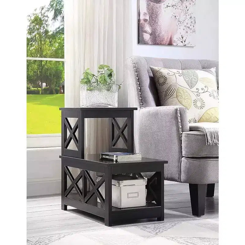 Table d'appoint à 2 niveaux avec cadre contemporain en forme de L, étagères de rangement à trois niveaux, table d'appoint compacte pour la maison