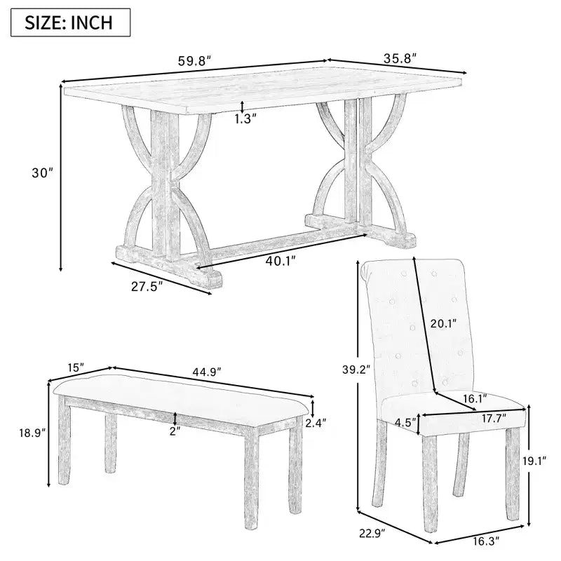 Table de salle à manger 6 places en bois massif avec chaises et banc rembourrés