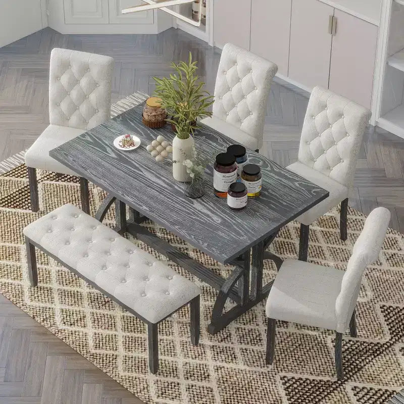 GDFStudio Kent 6 Piece Solid Wood Dining Table Set with Upholstered Chairs and Bench