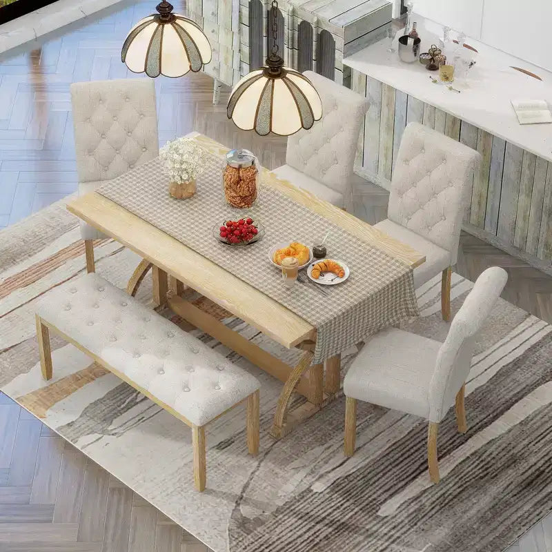 Table de salle à manger 6 places en bois massif avec chaises et banc rembourrés