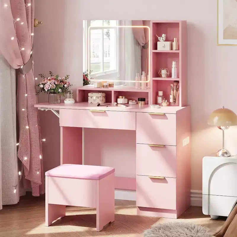 Coiffeuse avec miroir et lumières, Table de maquillage avec 3 modes de couleur LED éclairée, Tabouret de rangement pour chambre à coucher, pour filles et femmes, Rose
