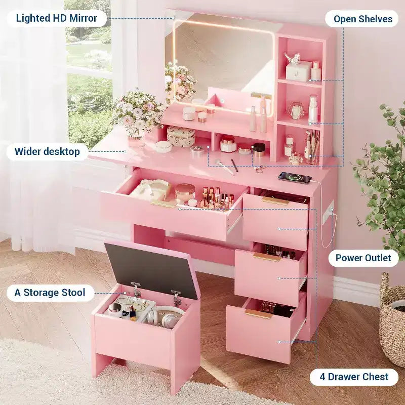 Coiffeuse avec miroir et lumières, Table de maquillage avec 3 modes de couleur LED éclairée, Tabouret de rangement pour chambre à coucher, pour filles et femmes, Rose