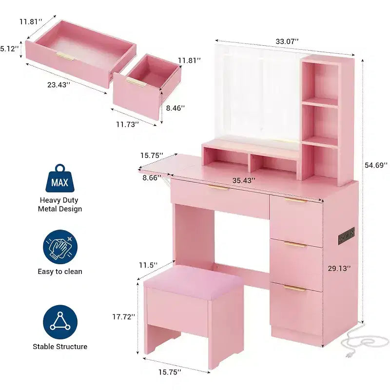 Coiffeuse avec miroir et lumières, Table de maquillage avec 3 modes de couleur LED éclairée, Tabouret de rangement pour chambre à coucher, pour filles et femmes, Rose