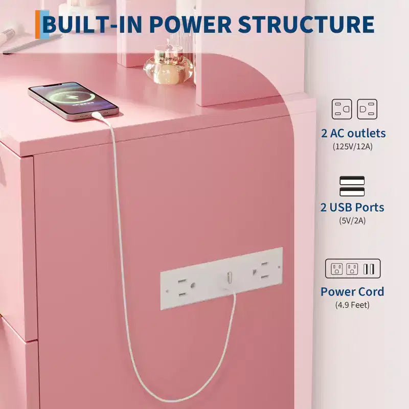 Coiffeuse avec miroir et lumières, Table de maquillage avec 3 modes de couleur LED éclairée, Tabouret de rangement pour chambre à coucher, pour filles et femmes, Rose