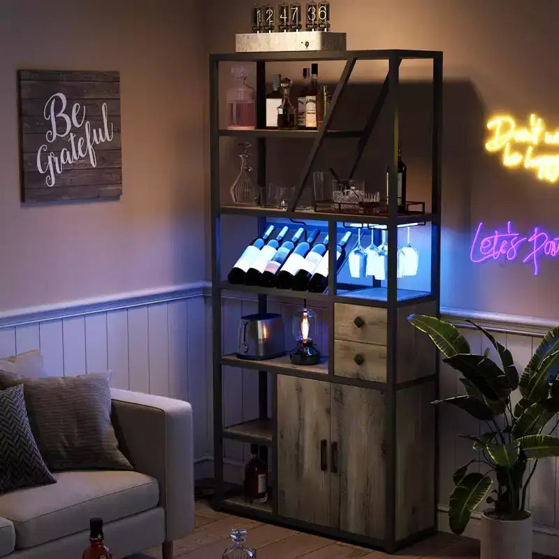 Étagère de boulanger, support de micro-ondes avec rangement, buffet de bar à café de style ferme avec casier à vin