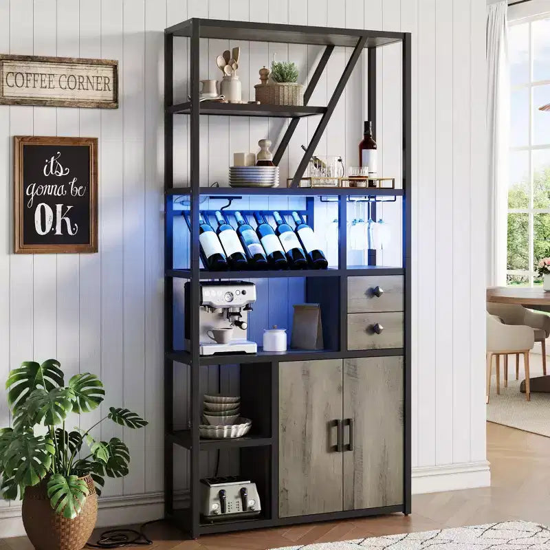 Étagère de boulanger, support de micro-ondes avec rangement, buffet de bar à café de style ferme avec casier à vin